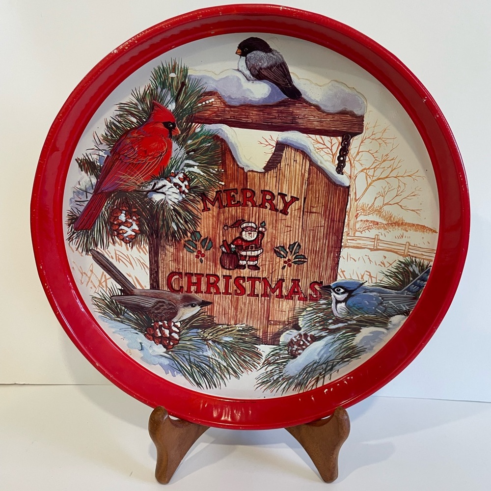 12” Merry Christmas Winter Holiday Sign Cardinal Painted Metal Serving Tray